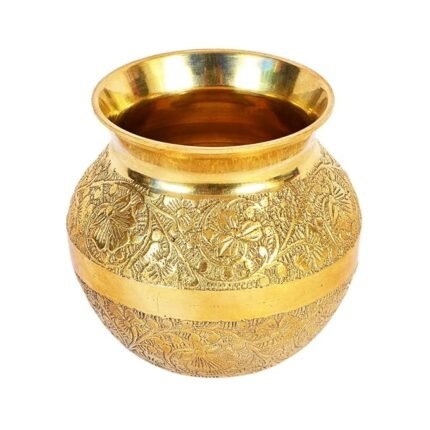 Handcrafted Brass Golden Plated Pooja Kalsh Lota Full Floarl Emboss for Pooja Temple